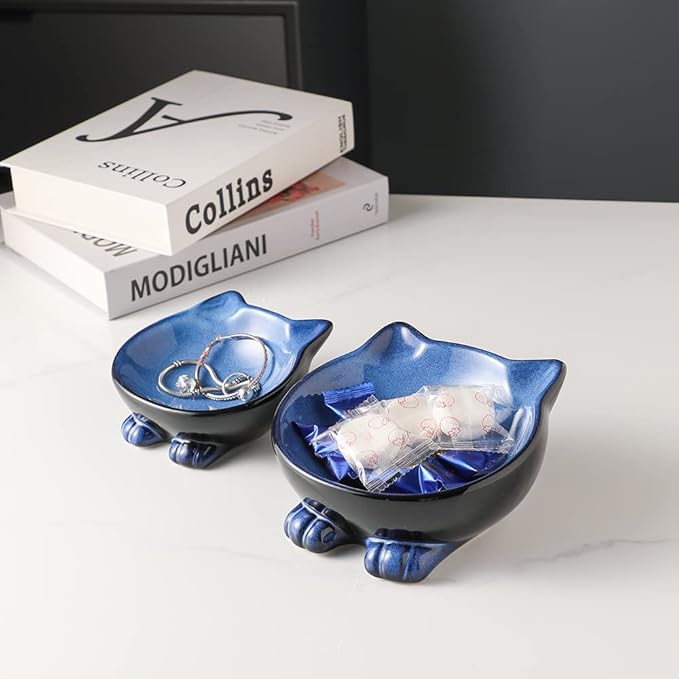 Nihow Ceramic Basic Cat Bowls: 6.25 Inch Cat Bowl for Food & Water - Food Grade Cat Dish for Large-Sized Cat/Medium-Sized Dog - Microwave & Dishwasher Safe -Elegant Blue & Black (8.5 OZ /1 PC)