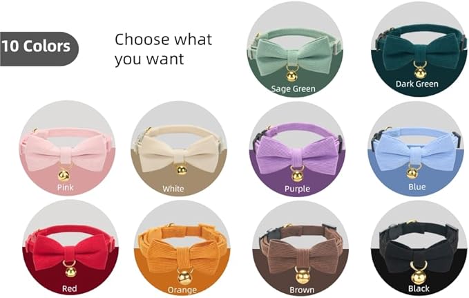 Cotton Breakaway Cat Collar with Bow Tie and Bell, Adjustable Cute Soft Corduroy Kitten Collars for Girl Cats
