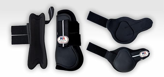 Majestic Ally Horse Leg Protection Fetlock and Tendon Boots Set, PU Shell, Neoprene Lining, Hook and Loop Closures, Multiple Colors and Sizes