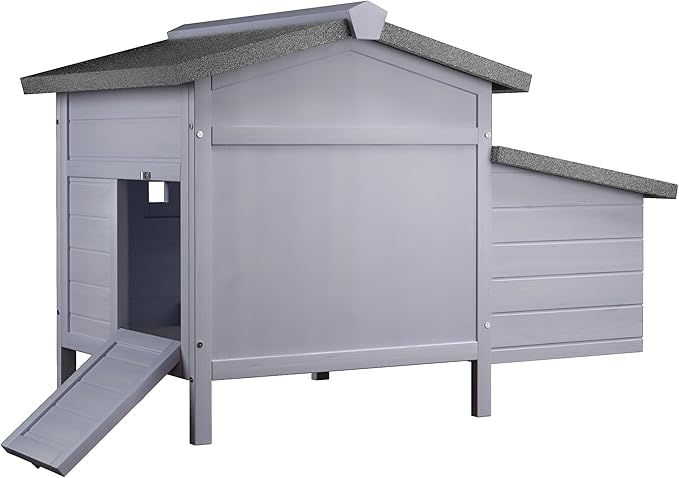 Outdoor Wooden Chicken Coop with Nesting Box – All-Weather Hen House for 3–4 Chickens, Asphalt Roof, Leak-Proof Pull-Out Tray, Predator-Proof Poultry Cage with Multiple Doors Gray