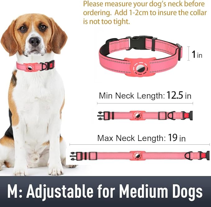 Airtag Dog Collar with AirTag Holder for Medium Dogs, Reflective, Soft Padded & Safety Locking Buckle, Nylon Pet Collars Adjustable for All Breeds, Pink,M