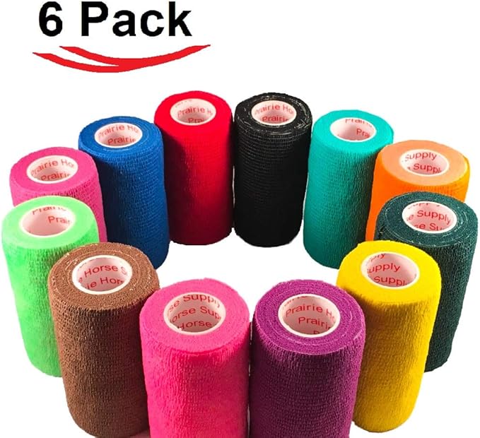 3 Inch Vet Wrap Tape Bulk (Assorted Colors) (Pack of 6) Self Adhesive Adherent Adhering Flex Bandage Grip Roll for Dog Cat Pet Horse