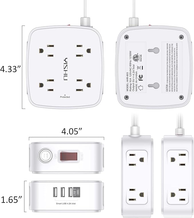 6 Ft Surge Protector Power Strip - YISHU 8 Widely Outlets with 4 USB Ports, 3 Side Outlet Extender with 6 Feet Flat Extension Cord, Ultra Flat Plug, Wall Mount, Desk USB Charging Station, ETL, White