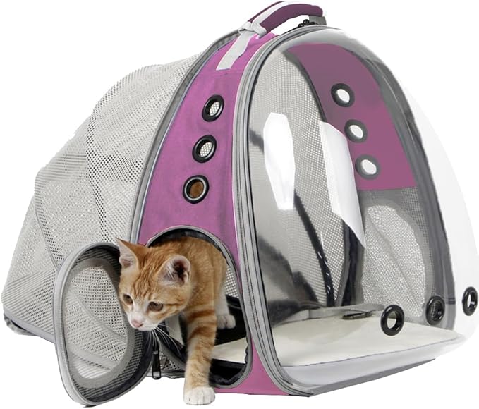 halinfer Expandable Pink Cat Backpack Carrier, Fit up to 12 lbs, Space Capsule Clear Bubble Window Pet Carrier Backpack for Kitten Bunny Rabbit and Small Puppy