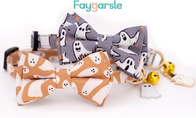 Faygarsle 2 Pack Halloween Breakaway Cat Collar Collection Ghosts Pattern Cute Cat Collar with Bell for Kittens Female Male Cats Seasonal Holiday Bowtie Fall Cat Collar Orange Gray