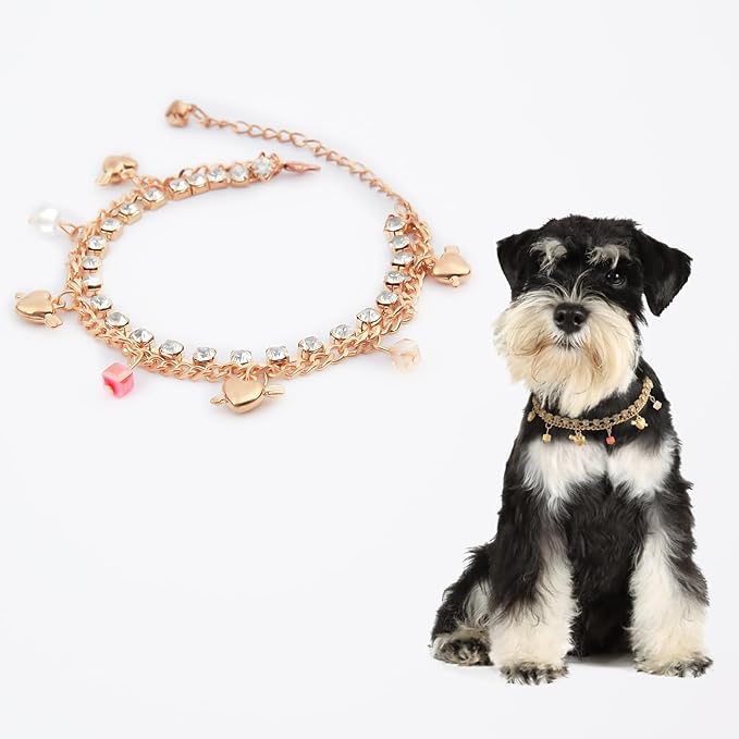 HOWWFALY Dog Collar and Cat Chain Necklace Stainless Steel Adjustable 18K Gold Heart-Shaped Rhinestone Necklace with Bell Accessory for Small Pets Cats Kitten Puppy