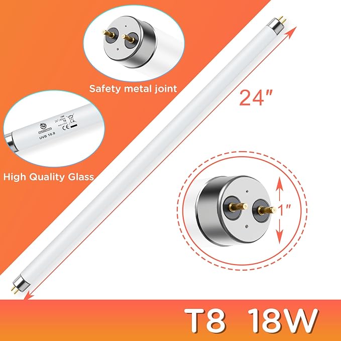 T8 UVB Reptile Light 18W 10.0, UVA Light Bulb for Reptiles, Lamp Tube for Bearded Dragon(1 Pack)