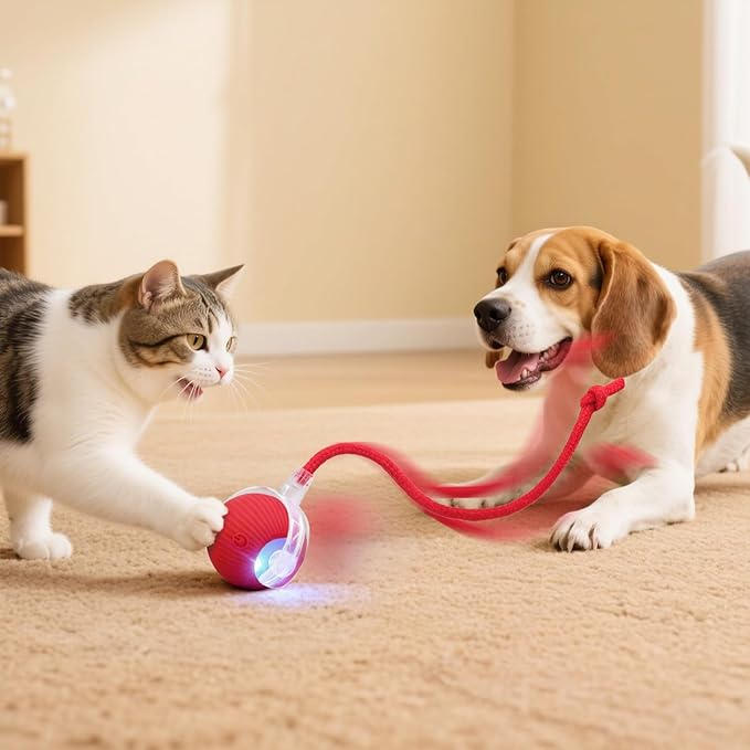 Interactive Electric Automatic Rolling Moving USB Rechargeable Self Activated Play Stimulation Toy Smart Chase Teaser Ball with Speedy Tail Rope for Bored Adult Indoor Cats and Dogs, Red