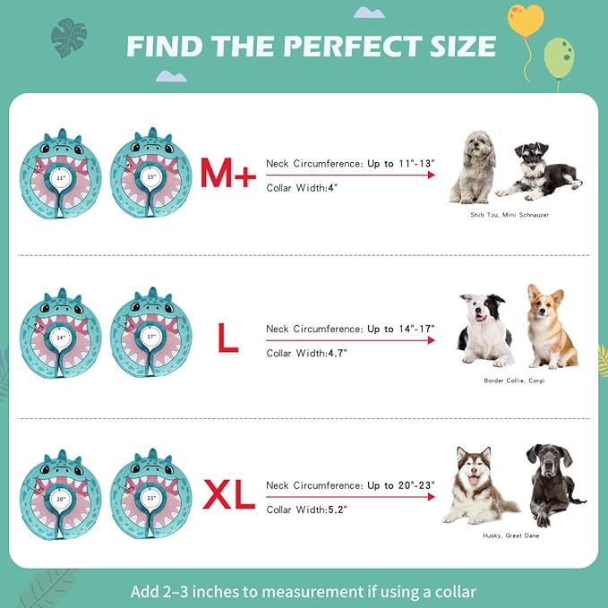 IEUUMLER Inflatable Recovery Dog Collar, Protective Donut Cone, Adjustable Soft Collar for Dog and Cat After Surgery Prevent from Biting & Scratching EU002 - Teal Dinosaur M