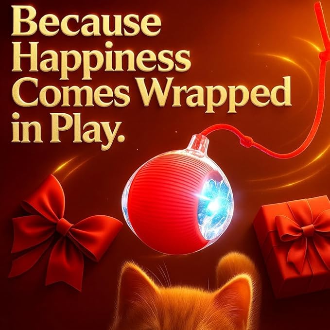 Interactive Electric Automatic Rolling Moving USB Rechargeable Self Activated Play Stimulation Toy Smart Chase Teaser Ball with Speedy Tail Rope for Bored Adult Indoor Cats and Dogs, Red Color