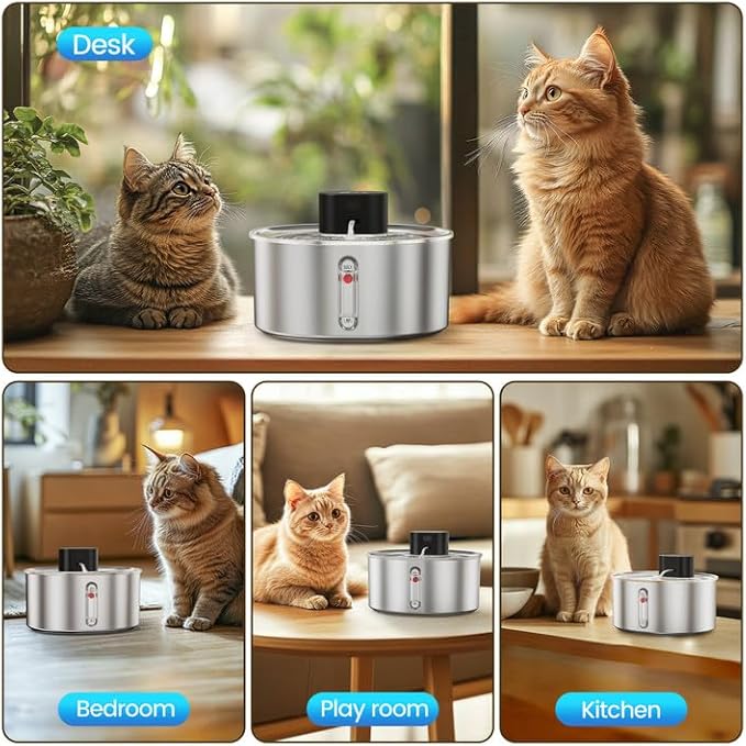 Virtulance No Pump Cat Water Fountain with 3 Filter - 3.2l/108oz Wireless Stainless Steel Pet Water Fountain, Cordless Automatic Dispenser, Battery Operated Fountain with Motion Sensor