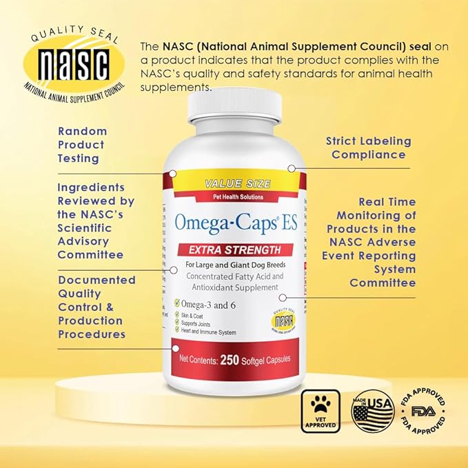 Extra Strength for Large and Giant Dogs Value Size Omega-3 and Omega-6 Fatty Acid Antioxidant Supplement Vet Formulated Made in USA Skin Coat Joint Heart and Immune Health 250 Softgel Capsules