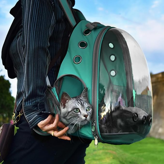 Cat Backpack Carrier Back Expandable Bubble Pet Carrier Backpack for Large Cat, Kitten and Dog, Designed for Hiking, Travelling and Outdoor Use (Back Expandable-Green)