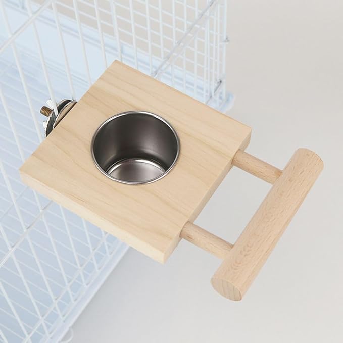 Bird Food Stainless Steel Cups Wooden Perch Stand Hanging Feeder Bowls Feeding and Watering Supplies for Parakeets Conures Cockatiels Budgie Parrot (S)