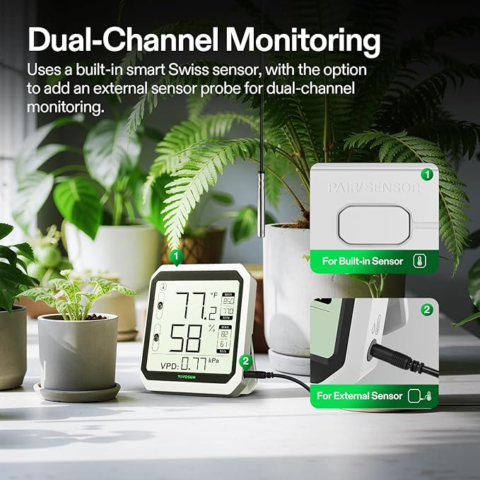 VIVOSUN AeroLab THB1 Wireless Bluetooth Hygrometer Thermometer Indoor, Smart Temperature Monitor, VPD, Digital Humidity Meter, LCD Remote Control & Alert, Data Storage, Dual Channels, Battery Included