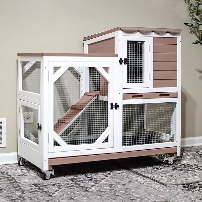 Gutinneen 2-Story Rabbit Hutch Bunny cage Wooden Rabbit Cage Indoor/Outdoor with Chew-Proof Ramp, 2 Leak-Proof Pull-Out Trays, Lockable Wheels for Rabbits, Guinea Pigs, Small Animals (Brown and White)