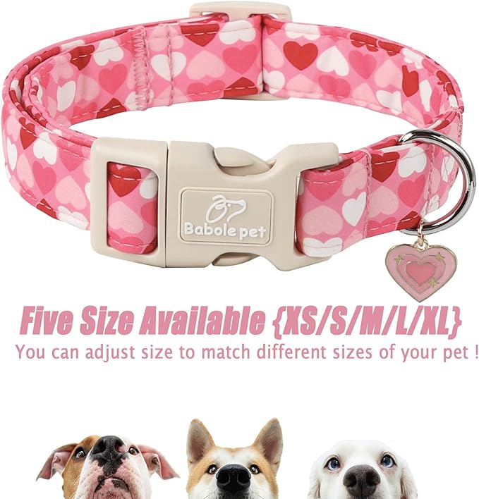 Valentines Dog Collar for Large Dogs - Cute Valentine Pink Hearts Girl Dog Collars, Adjustable Girly Puppy Collar with Quick Release Buckle for Female Dogs L