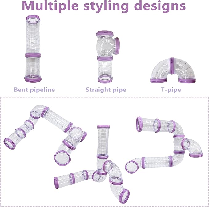 8PCS Hamster Tunnel Tube DIY Assorted Toy Transparent Adventure Pipe Playground Excercise Set for Mouse Syrian Hamster Gerbil (Purple)