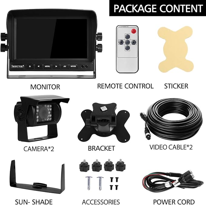 RV Backup Camera and Monitor Kit(12-24V) 7inch HD Monitor Reversing +2 Rear View Camera 170°Wide Angle,18IR Night Vision,Waterproof IP68,Dual Back up Camera for Truck/Trailer/Van/Camper/Vehicles.