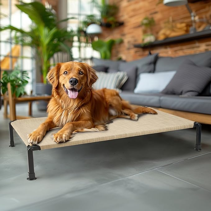 Veehoo Heavy Duty Elevated Dog Bed - Raised Dog Cot with Washable & Breathable Teslin Mesh, Non-Slip Silicon Feet, Cooling for Indoor or Outdoor, 47" x 29", Beige Coffee