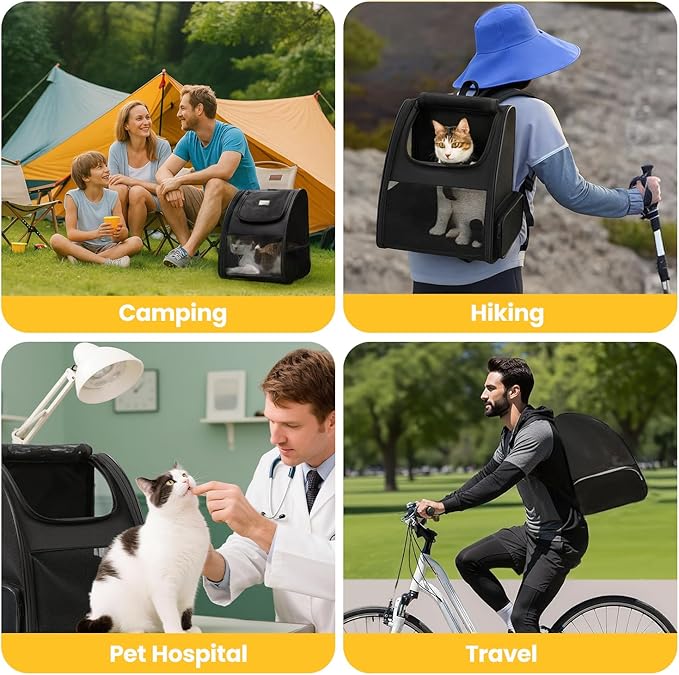 Cat Backpack Carrier for Small Dogs and Cats Fit Up to 15 Lbs,Small Dog Backpack, Foldable with 3-Side Mesh Windows, Pet Carrier for Travel & Hiking Friendly,Black