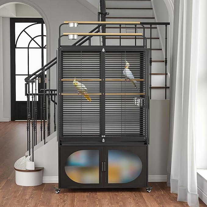 GDLF 72-Inch Bird Cage with Play Top, Parakeet Cage with Rolling Storage Cabinet Extra Large with Cover for Parrot, Cockatiel, Budgie, Parrotlet, Green Cheek Conure