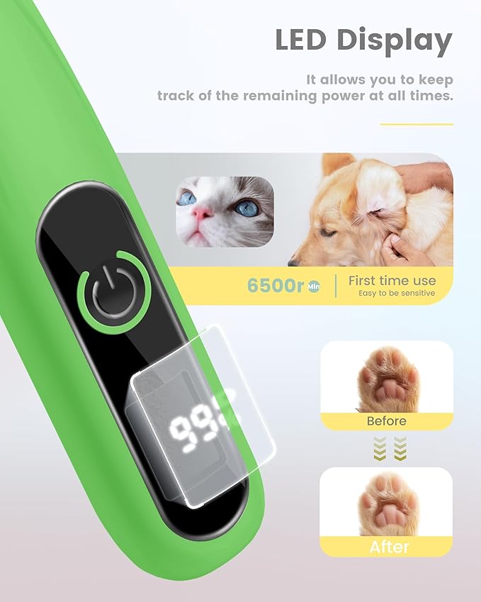 Dog Paw Trimmer with LED Display, Ultra-Low Noise Cordless Paw Trimmers for Dog's Feet, Cordless Hair Trimmer for Paws, Ears, Face, Rump