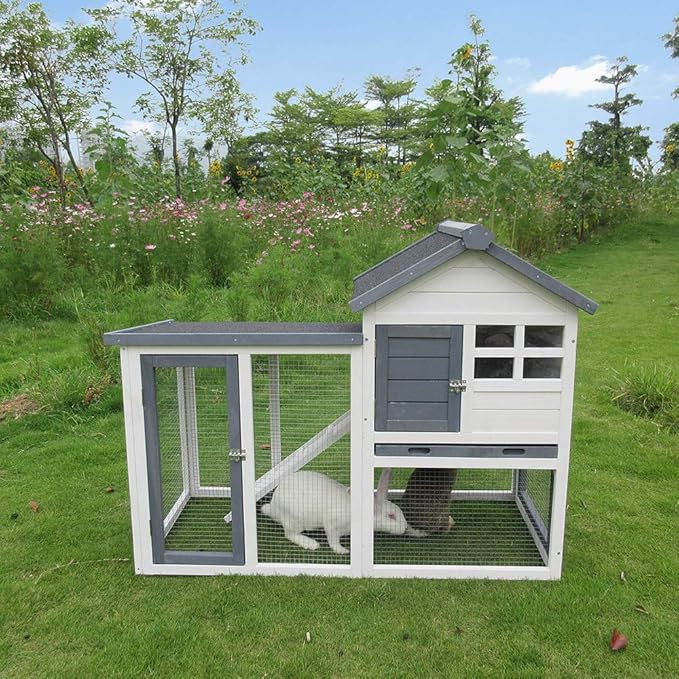 BIRASIL Wood Rabbit Hutch, Guinea Pig Cage with Pull Out Tray, 2 Levels Bunny House for Small Animals Outdoor Indoor (Gray, 48 Inch)