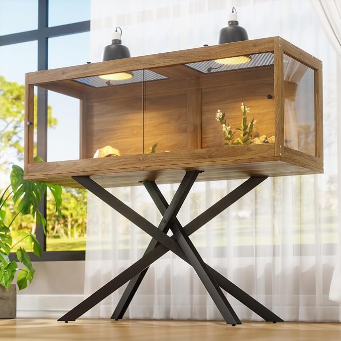 80 Gallon Bearded Dragon Tank with Stand & 2 Dimmable Reptile Light Fixtures, Front Sliding Door Tempered Glass Reptile Habitat with Mesh Top for Snakes/Lizards/Geckos/Tortoises (Bulbs Not Included) 
