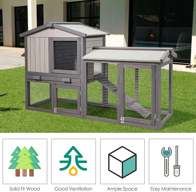 Tangkula Rabbit Hutch Indoor and Outdoor, 58-Inch Bunny Cage with Removable Tray & Ramp, Wood Chicken Coop with Waterproof Roof for Rabbits, Chicken and Guinea Pigs (Gray)