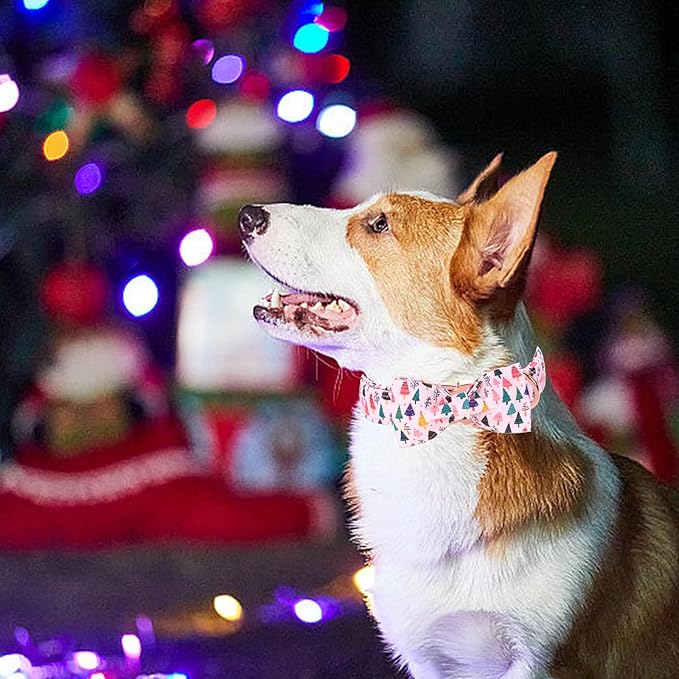 Christmas Dog Collar, Pink Christmas Tree Soft Comfortable Collars with Bow Adjustable Pet Collar with Premium Metal Buckle Dog Necklace for Large Girl Dogs