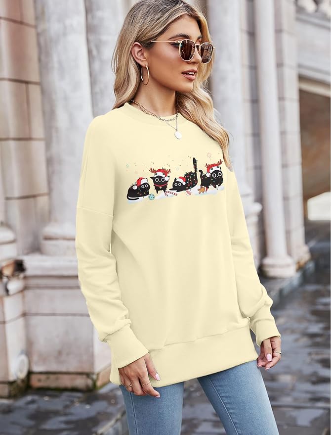 FRYAID Cat Sweatshirt Women Funny Black Cat Graphic Sweater Casual Cat Crewneck Holiday Long Sleeve Hoodie Pullover Top