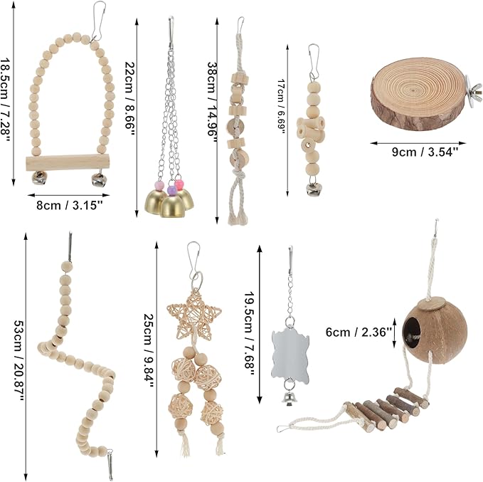 9pcs Cockatiel Toys, Interactive Bird Toy, Parrot Toys, Parrots Chewing Wood and Rope Bird Cage Accessories for Parakeets Cockatiel Wood Color