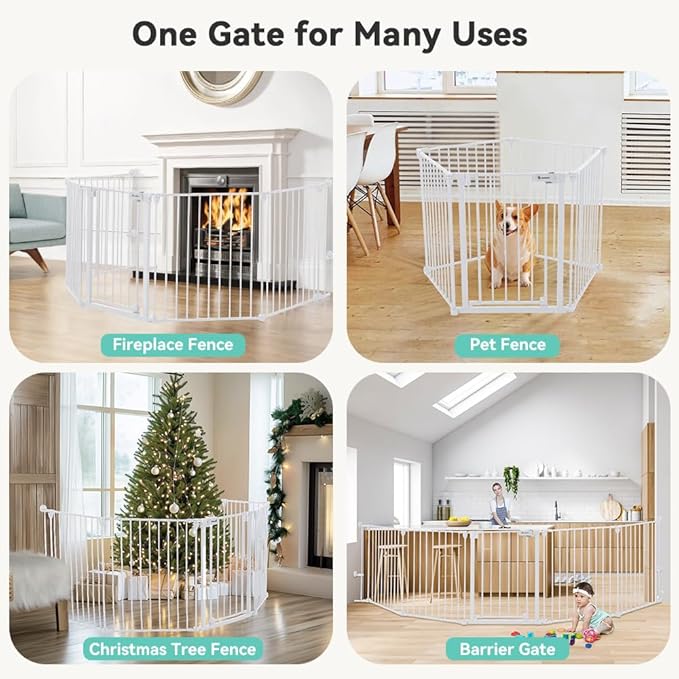 COMOMY 127.8" Extra Wide Baby Gate, Dog Gate for House Stairs Doorways Fireplace, Auto Close Pet Gate with Door Walk Through, 5 Metal Panels, Hardware Mounted Baby Fence Indoor Outdoor(30" Tall,White)