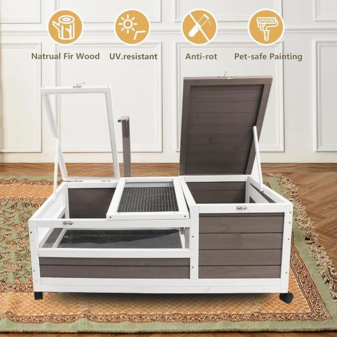 PetsCosset Tortoise Habitat Wooden Tortoise House, Indoor Turtle Enclosure Outdoor Reptile Cage with Removable Bottom, Light Support, Openable Roof (Double Habitat, Leakproof Tray)