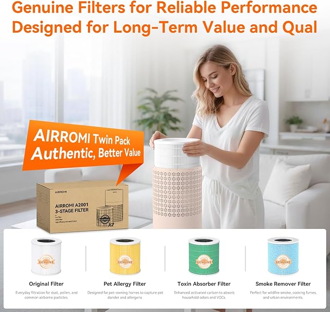 AIRROMI Air Purifier for Bedroom with HEPA 3-in-1 Filter, Pet Air Purifier for Home Cat Pee Smell, Covers Upto 990 Ft², Quiet 360°intake Air Cleaner for pet hair,allergies,Dust,Smoke A2001 Orange