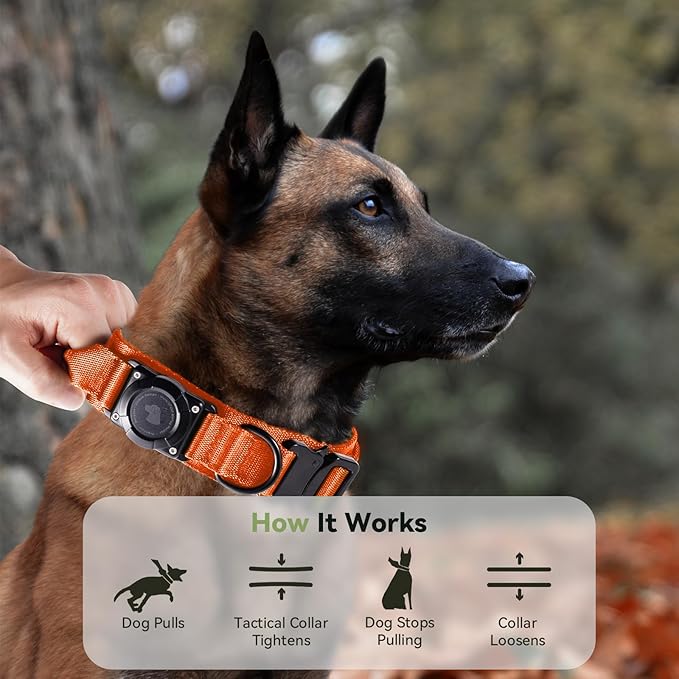 2026 Upgrade Waterproof AirTag Dog Collar, Military Tactical Dog Collar with AirTag Holder, Comfortable Control Handle and Metal Buckle, GPS Dog Collar Holder for Medium to Large Dogs (Orange, M)