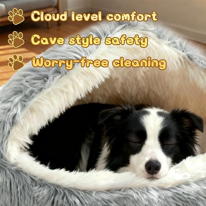ShinHye Round Plush Fluffy Hooded Cat Bed Cave, Cozy for Indoor Cats or Small Dogs, Waterproof Bottom, Washable(30 in)