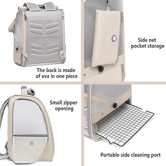 Bird Carrier Backpack, Portable Travel Bird Cage with Standing Perch, 2 Feeder Cups, Iron Mesh Stand & Removable Tray Lightweight, Breathable Mesh Window for Parrot Carrier,Easy Clean (Cream)