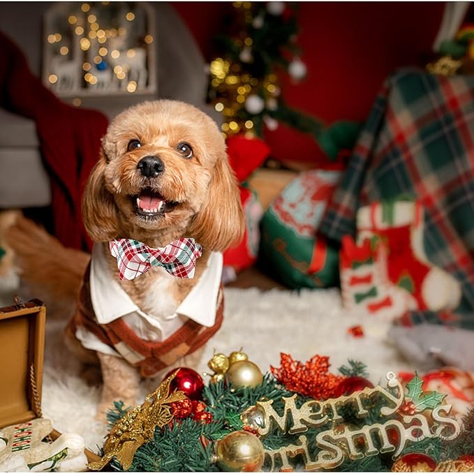 Dog Collar, Christmas Dog Collar Plaid Pet Collar Bow Holiday Bows Girl Boy Puppy Collar Adjustable Pet Collar for X-Large Dogs