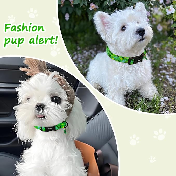 Dinosaur Dog Collar,Green with Multicolor Dino Pattern Handmade Cotton Collar for Small Medium Large Dogs, Adjustable & Comfortable Puppy Collar for Daily Walks, Park Adventures or Photos-L