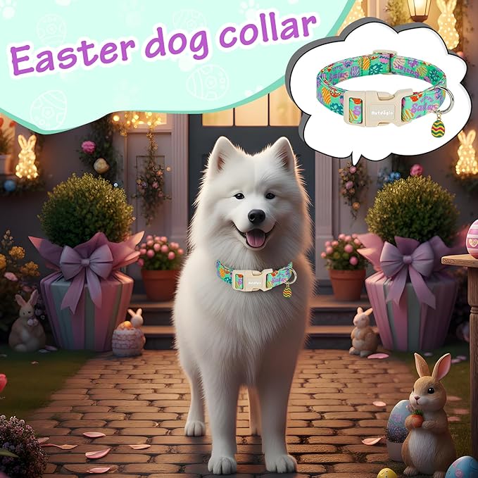 Easter Dog Collar for Medium Dogs, Adjustable Green Medium Dog Collar with Colorful Eggs Pattern, Cute Easter Dog Collars Girl Boy Collar for Dogs -M