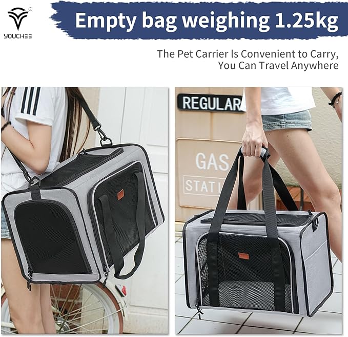 Cat Carrier Dog Carrier, Pet Travel Bag for Cats & Small Dogs up to 15 lbs, Washable Soft Sided Collapsible Airline Approved Puppy Carrier, 17.5"x12"x12. (Light Gray)