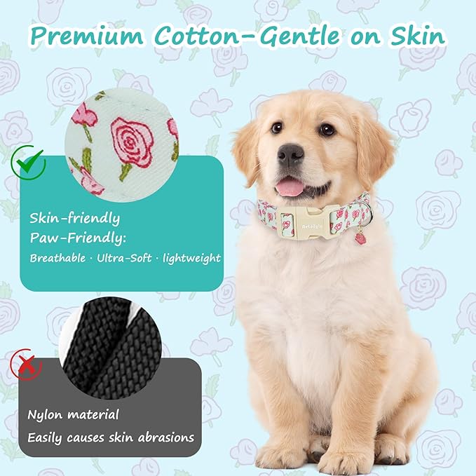 Dog Collar for Small Dogs, Spring &Summer Theme Blue Small Dog Collars with Pink Rose Pattern, Adjustable Puppy Dog Collars, Cute Girl or Boy Dog Collar Ideal for Gifts,Pet Accessory