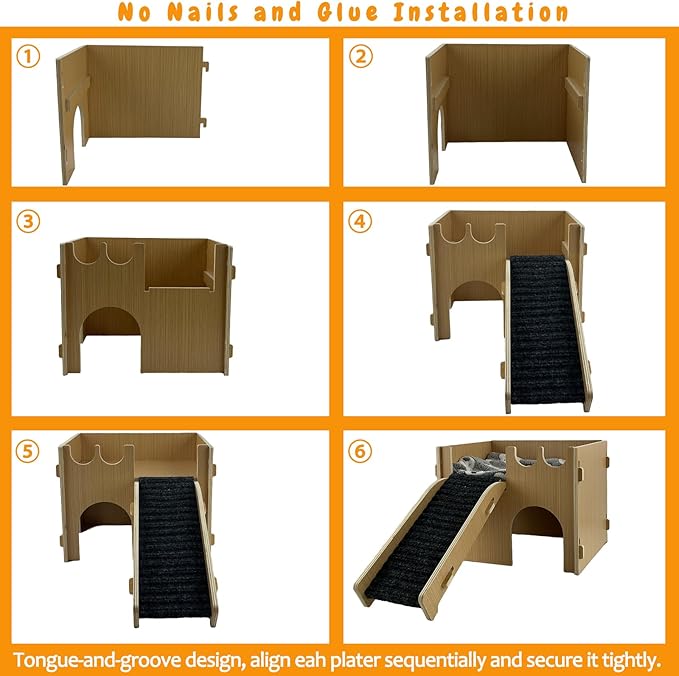 Guinea Pig Castle Hideout, Wooden Hamster House with Stairs & Mat,Small Animal House Hut Habitats 2 Doors for Hamsters Chinchillas Bunny Hiding Playing Sleeping