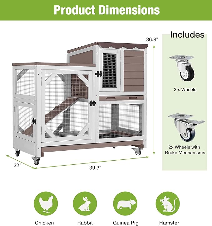GUTINNEEN Duplex Rabbit Hutch Indoor with Chew-Proof Frame & 2 Leak-Proof Sliding Trays, Rain Cover, Wooden Guinea Pig Cages with Wheels - Brown