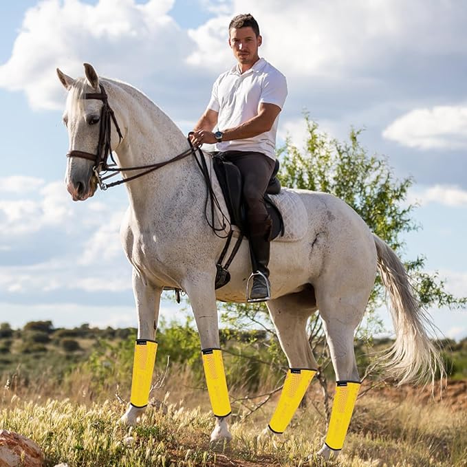 FOXLVDA Horse Fly Boots - Fly Boots for Horses Set of 4, Comfortable Horse Leggings, Mesh Material Design with Metal Support Bars for Reduces Stomping & Leg Fatigue (Yellow, Large)