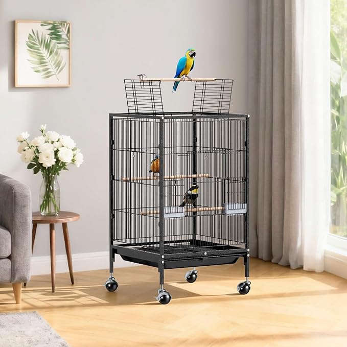 VINGLI Bird Cage with Wheels, 38-Inch Open Top Wrought Iron Bird Cage, Rolling Parakeet Cage for Cockatiels Lovebird Finches Canaries