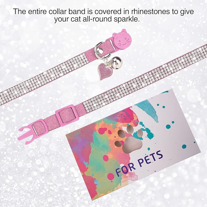 Rhinestone Cat Collar Breakaway with Bell, Diamond Cat Collar with Safety Buckle Quick Release for Girl Boy Small Kitten Pets Puppy,Cute Soft Female Male Cat Collars, Color Pink 7-9"