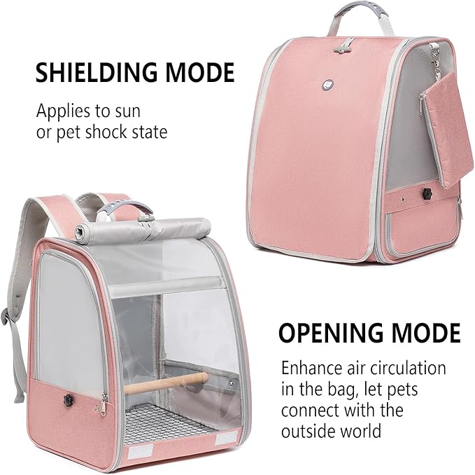 Bird Carrier Backpack, Portable Travel Bird Cage with Standing Perch, 2 Feeder Cups, Iron Mesh Stand & Removable Tray Lightweight, Breathable Mesh Window for Parrot Carrier,Easy Clean (Pink)